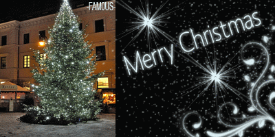 Bild eines Weihnachtsbaumes und Merry Christmas Schriftzug mit Lichteranimation